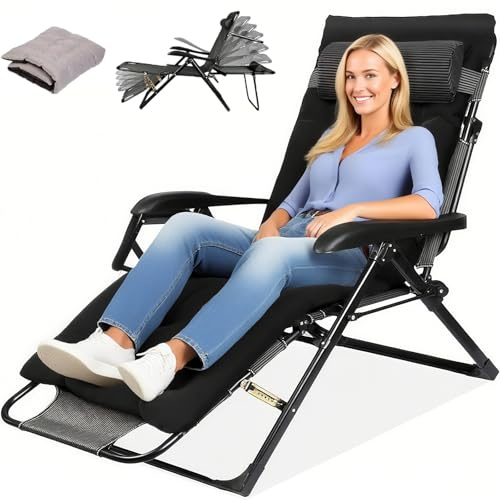 Klappbare Sonnenliege mit Polster, Ergonomischer Liegestuhl für Garten und Terrasse, 7-Fach Verstellbare Rückenlehne, Outdoor Relaxliege bis 150 kg, Gartenstuhl für Balkon und Terrasse (Schwarz)
