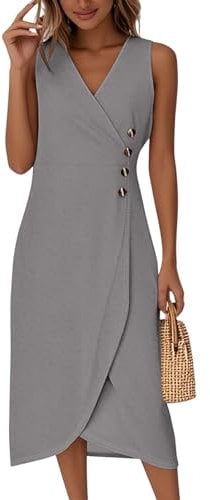 Générique Robe Longue Femme Ete Chic Et Elegant Été De Soiree Cocktail Robes Portefeuille Asymétrique Imprimé sans Manches Sexy Dress Pas Cher pour De Bal Mariage Noces De Fête Gris Foncé L