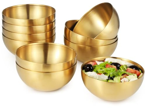 Calolin 10 Pcs Gold Bowls, 30 oz Stainless Steel Mixing Bowls, Decorative Salad Bowl, Metal Single-wall Bowl for Cereal, Fruits, Soup, Rice, Snacks