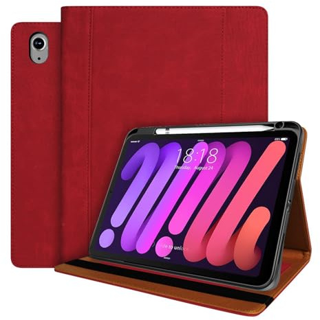 World biz Case for iPad Mini (A17 Pro, 2024 Model, 7th Generation) / Mini 6 (2021 Model, 6th Generation), Premium Leather Stand Cover with Pencil Holder & Card Slots, Auto Sleep/Wake (Red)