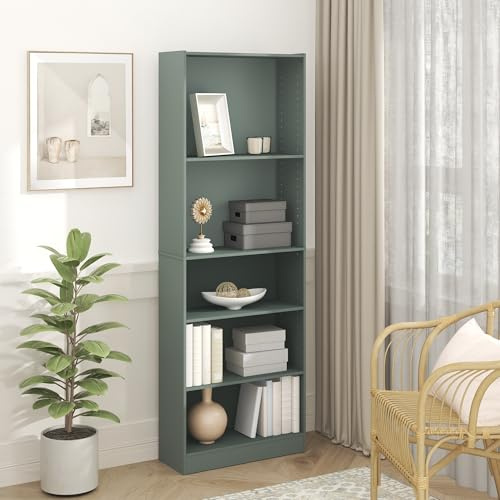 Furinno Jaya Bücherregal mit 5 verstellbaren Regalböden, Salbeigrün | Bücherregal, 24,1 (T) x 62,2 (B) x 180,8 (H) cm, für Homeoffice, Wohnzimmer