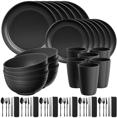 Quatish 54 Teiliges Kunststoff Geschirrset, Unzerbrechliches Camping Geschirr Set für 6 Personen, Wiederverwendbare Tafel-Set für Kinder und Erwachsene, Geschirrspüler Mikrowelle Sicher, Schwarz