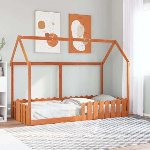 Ordellia Kinderbett Hausbett Wachsbraun 90x200 cm Kiefer Massivholz, Robustes Bettgestell mit Lattenrost, sicheres Bodenbett für Kinderzimmer, Verspieltes Design