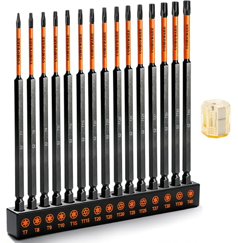 Torx Bit Set Lang, COMOWARE 16-tlg. 150mm-Lang Torx mit Loch Set (T5-T40, TT15-TT30) Lange Bitsatz S2 Stahl Bitsatz Lang Magnetische Spitze mit Magnet Ring Small Werkzeug Set