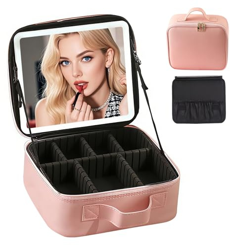 Kosmetiktasche mit LED Beleuchtung Spiegel, Kosmetikkoffer Damen Make Up Tasche Kleine Schminktasche Schminkkoffer Make Up Organizer mit Verstellbaren Teiler, 3 Einstellbare Helligkeit (Rosa)