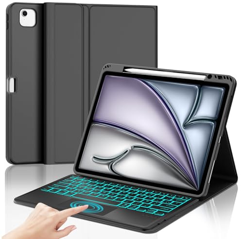 Coque Clavier pour iPad Air 13 Pouces M4 2026/M3 2025/M2 2024/Air 6/ Air 7 | Pavé tactile 7 Couleurs Rétroéclairées, Étui Clavier Détachable Bluetooth sans Fil, AZERTY Français avec Porte Crayon,Noir
