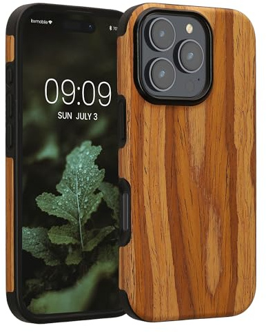 kwmobile Hülle kompatibel mit Apple iPhone 16 Pro - Holz TPU Case Handy Schutzhülle - Backcover Cover Holz Maserung Vintage Braun