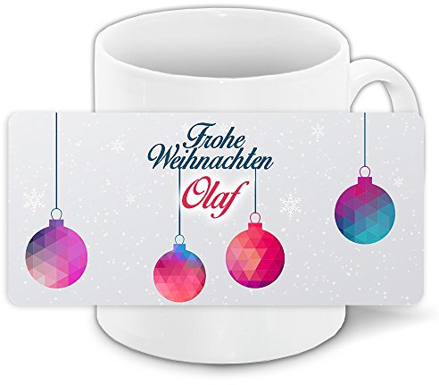 Weihnachtstasse mit Namen Olaf und modernem Motiv mit Weihnachtskugeln und Schneeflocken - Tasse zu Weihnachten