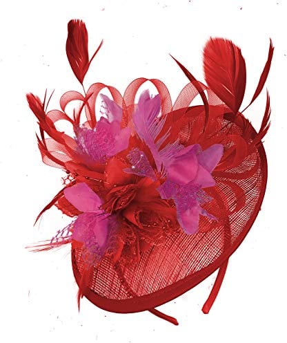 Caprilite Red and Fuchsia Hot Pink Sinamay Disc Saucer Fascinator Hat for Women Weddings Headband