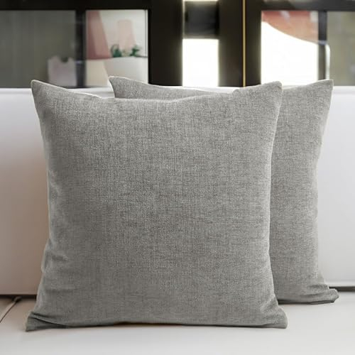Encasa XO Chenille Kissenbezüge Set von 2 | Solides Hellgrau - (16x16) (40x40 cm) | Dekorative Akzent Quadratische Wurfkissenbezüge Für Couch, Heimdekoration, Sofa