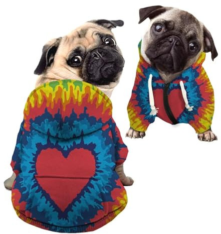 Howilath Lässige Haustier-Kleidung, Batik-Herz-Muster, cooler Reißverschluss, Baumwolle Polyester, Hundemantel, weich und warm, Hundepullover mit Hut, M