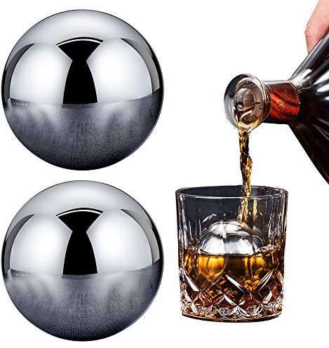 Whiskey Stones 2 Pcs Reusable Metal Ice Cube Large Stainless Steel Round Whiskey Balls Spherical Beverage Chilling Rocks Sphere Golf Ball Scotch Set for Red Wine Bar Beer Scotch Vodka Drinks(55mm)