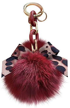 Porte-Clés de Pompons, Asudaro Porte-Clés de Faux Pompons Moelleux Porte-clés en fourrure de renard noeud papillon léopard à la mode Pour Femme De Voiture Jouet Keyring