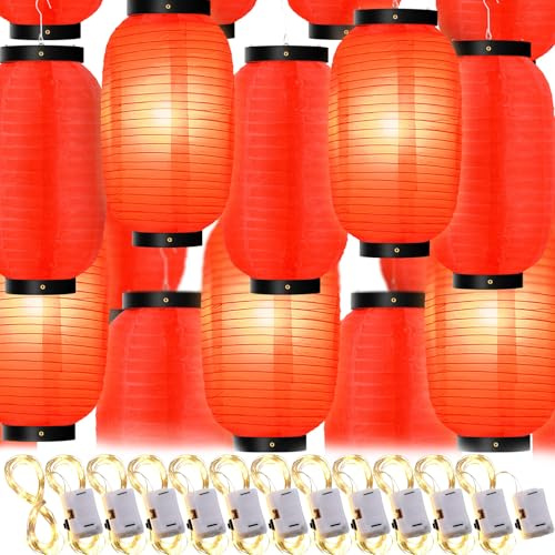 Traditional Japanese Style Red Silk Hanging Lantern Set, 24 Pcs
