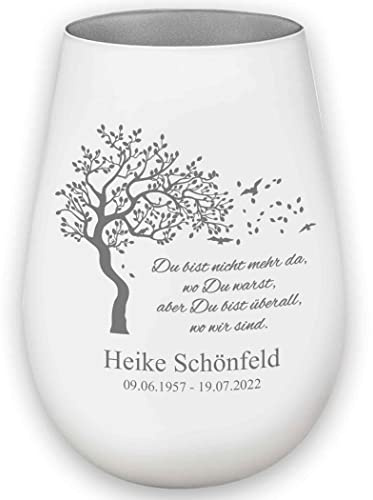 Trauerlicht - Du bist Nicht mehr da, wo Du warst, Aber Du bist überall, wo wir sind - Weiß/Silber - Gravur Namen und Datum - Gedenklicht Erinnerungslicht Grablicht Trauergeschenk