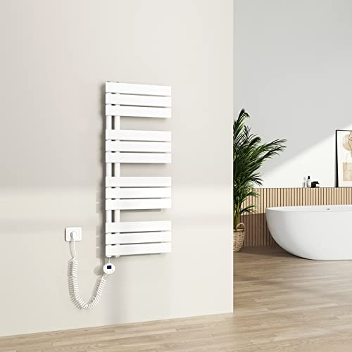 S'AFIELINA Scaldasalviette Elettrico con Termostato Bianco 1041x400mm 400 Watt Radiatore per Asciugamani con Resistenza Elettrica Timer Termoarredo per Bagno Pannello Laterale
