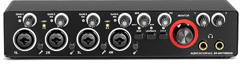 COSINE - Tarjeta de sonido para grabación profesional portátil de 4 canales con monitor de bucle de retroalimentación para equipo de audio