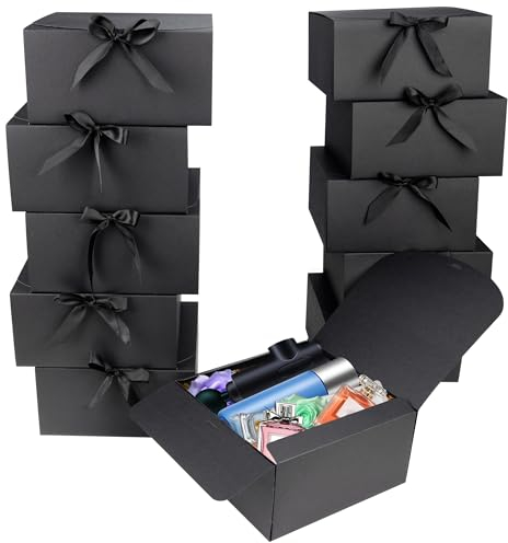 AWCIGG 12 Stück Geschenkbox Schwarz, 20 x 20 x 10 cm Große Geschenkkarton, Geschenkboxen mit Deckel und Bändern für Feiertage Weihnachten Hochzeiten Geburtstage Geschenkverpackung