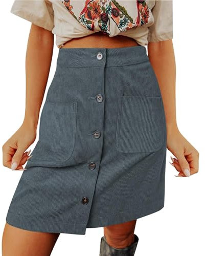 Midi Rock Damen Cordröcke für Damen, Herbst/Winter, hohe Taille, Knopfleiste, A-Linie, kurzer Minirock mit Taschen Schöne Damen Röcke (Grey, XXXL)