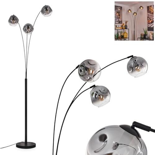 Stehleuchte Ripoll, Stehlampe aus Metall/Glas in Schwarz/Rauchfarben/Klar, Leuchte im modernen Retro/Vintage-Design mit Schirmen aus Glas (Ø 15cm) u. Fußschalter, Höhe 210cm, 3x E14, ohne Leuchtmittel