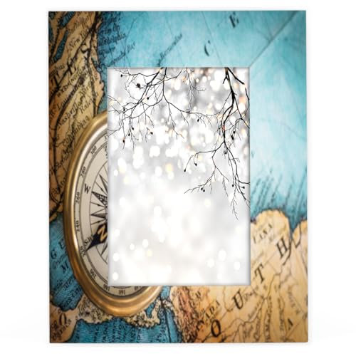 Holz-Bilderrahmen mit altem Kompass, 12,7 x 17,8 cm, passend für 16,7 x 11,6 cm große Fotos, Karten-Bilderrahmen für Heimdekoration, personalisierte Rahmen, Geschenke