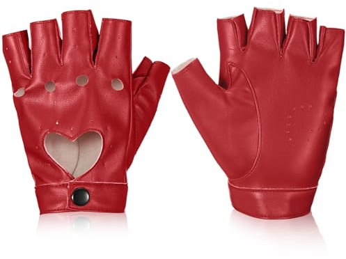 Sintege Punk Half Handschuhe Frauen Punk Half Finger PU Leder Performance Handschuhe Aushöhlen Fingerlose (Rot)