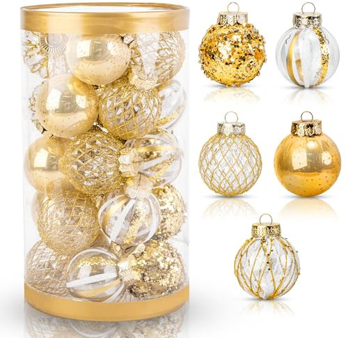 Weihnachtskugeln-Set, 25 Stück, 6 cm, bunte, bruchsichere Kunststoffkugeln, Weihnachtsbaumschmuck, Großpackung für Baumhänge, Urlaub, Hochzeit, Party, Weihnachtsschmuck, Weiß und Gold
