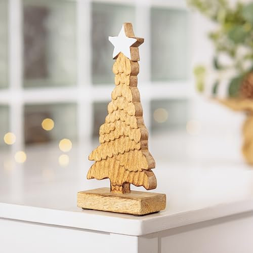 Marco Paul Large Wooden Christmas Tree Star Ornament Statue Christmas Home Decoration Large 21cm Free Standing Table Centrepiece Tabletop Xmas Window Fireplace Decoration Natural White Shabby Chic