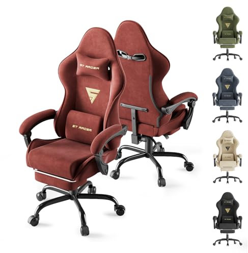 Ferghana Silla Gaming Silla Gaming con Masajeador, Silla Ergonómica de Terciopelo para Juegos, Silla Gamer con Lumbar, Reposapiés, Silla de Oficina, Capacidad de Peso de 250 Libras, Rojo Vino