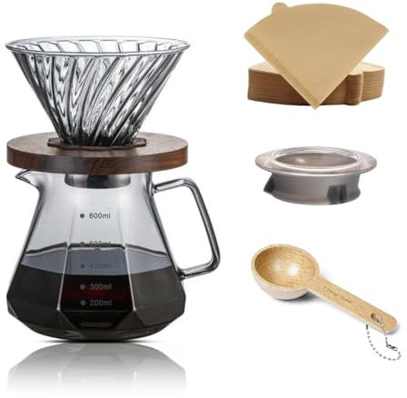CHDEXU Pour Over Kaffeebereiter-Set, 600 ml, Borosilikatglas, Kaffee-Server mit Glasdeckel, 50 Stück Papierfilter, Walnuss-Griff, Kaffee-Tropfer für Zuhause, Café, Restaurant, Grau