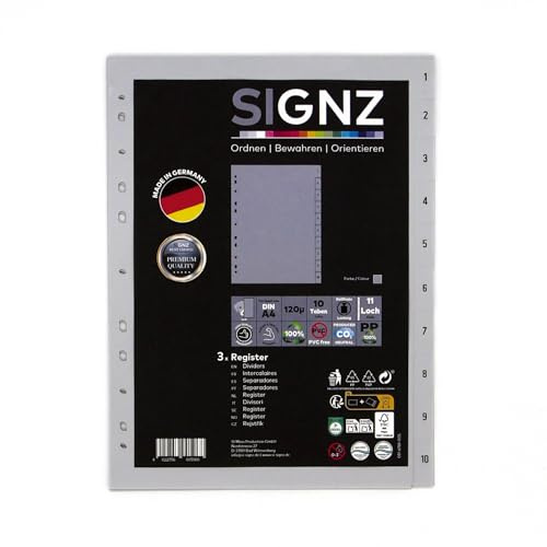 SIGNZ Register DIN A4, 10 - teilig (1-10), 3 Stück, extra starke Trennblätter aus Kunststoff (PP), CO2-neutral hergestellt, made in Germany