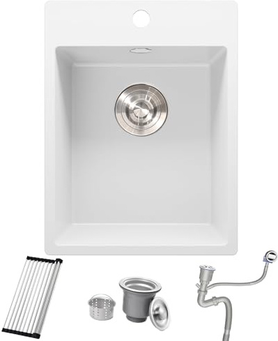 Bokaiya White Small Granite Kitchen Sink, 38 x 50 cm Campervan Kitchen Sink Bowl, Single Bowl Mini Basin Outdoor Rv with Strainer Waste & Overflow Kit, Roll-up Rack and Siphon