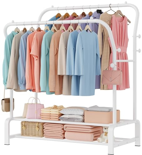 OPPAIYA Schwerlast Kleiderständer & Garderobenständer mit Doppel-Kleiderstange und 8 Haken, Stabiler Metall Kleiderwagen mit breiter Bodenablage, Für Schlafzimmer oder Flur – 110×51×145 cm, Weiß