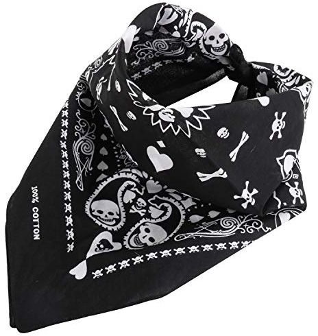 TRIXES Schwarzes Bandana-Spielkarten-Kopftuch mit doppelseitigem weißen Totenkopf-Design – Erwachsener Unisex-Halswärmer – Halloween-Kostümzubehör