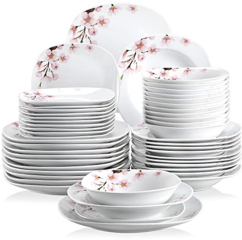 VEWEET ANNIE Juego de 48 Piezas Vajillas Elegantes de Porcelana para 12 Personas con 12 Cuencos de Cereales, 12 Platos Llanos, 12 Platos de Postre y 12 Platos Hondos, Motivo Floral Rosa