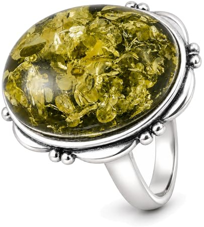 Sterling Silver and Baltic Green Oval Amber Ring