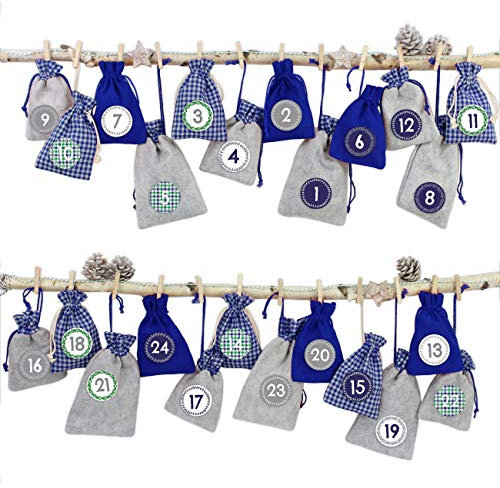 Papierdrachen 24 Adventskalender Stoffsäckchen zum Befüllen – mit Bäckergarn und Klammern – Stoffbeutel zum selber Dekorieren – Geschenksäckchen - Landhausstil blau Nr 13