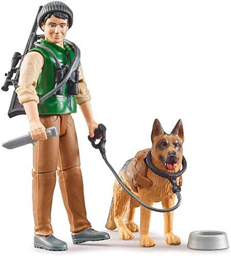bruder 62660 - Bworld Förster mit Schäferhund, Gewehr, Fernglas, Jagdmesser - 1:16 Forstwirtschaft Figur Mann Jäger Wald-Arbeiter Bauernhof Holztransporter Land Rover Baumstämme