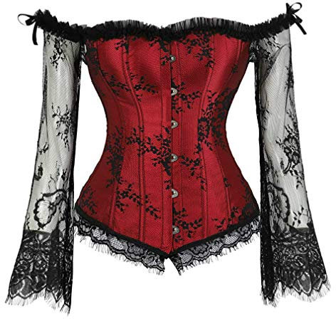 Kelvry Women Sexy Basque Off-Shoulder Lace up Boned Bustier Overbust Corset Tops with Long Sleeve (22-24, Black Red)