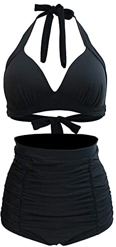 Viloree Femme Retro Taille Haute Maillot de Bain Deux Pièces Ensembles Deux pièces Contrôle du Ventre Halter Bikini Set Noir L