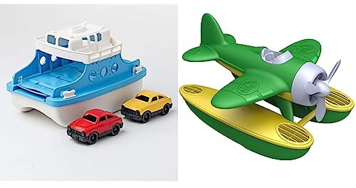 Green Toys Ferry Boat with Mini Cars Bathtub Toy, Blue/White & Seaplane, Green