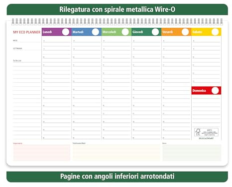 Planner Settimanale da Tavolo Perpetuo (date da scrivere) SPIRALATO ed ECOLOGICO Certificato FSC® Mix Credit - Planning Settimanale da Scrivania per Ufficio Casa Scuola - cm 32X21-1 Pz