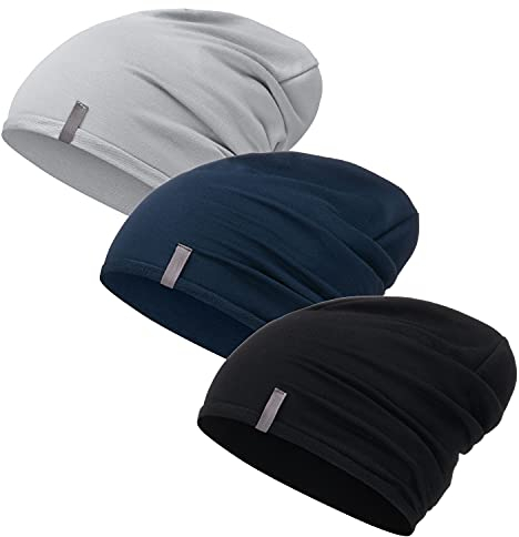 Mikos* Damen Mütze Bamboo Sommer Frühling Soft Beanie für Damen Herren Kind Mädchen Jungen Sommer Dünne Leichte Atmungsaktiv Long Slouch Beanie Chemo Kopfbedeckung(700) (Schwarz + Blau + Grau, XS-S)
