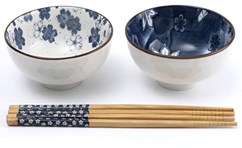 lachineuse - Set mit 2 chinesischen Schalen, Blumenmotiv, Blau, ⌀ 11 cm – Reisschalen, Frühstück, Vorspeise & Suppe – 2 Paar Essstäbchen – asiatische Schüssel Japanisch Asien – Geschenk japanisches