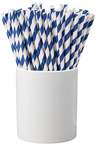 Trimming Shop Lot de 100 pailles en Papier pour fêtes | Pailles à Boire en Papier | Pailles à Cocktail | Pailles jetables | Pailles en Papier à Rayures Bleues et Blanches pour Anniversaire