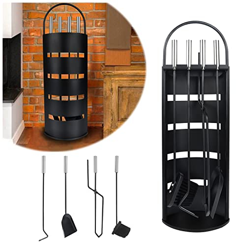 YARDIN Juego de utensilios de chimenea de acero inoxidable, 5 piezas, accesorios para chimenea, juego moderno, con bastidor, pala, escoba, pinzas para chimenea y atizador, color negro