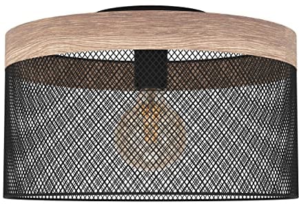 EGLO Deckenlampe Klinsdale, Deckenleuchte mit Draht-Lampenschirm, Wohnzimmerlampe aus Metall in Schwarz und Holz in Nussbaum, Deckenbeleuchtung mit E27 Fassung