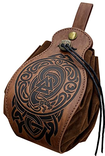 HiiFeuer Mittelalter Kunstleder Tasche, Tragbare Kordelzug Geldbörse, Vintage Gürteltasche Würfeltasche Für LARP Ren Faire (Nidhogg Braun)