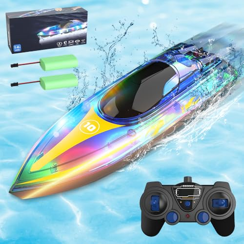 NAVESO Bateau Télécommandé 2,4 GHz 15km/h, Haute Vitesse RC Racing Boat avec Lumière Éblouissante et 2 Batteries pour Enfants et Adultes