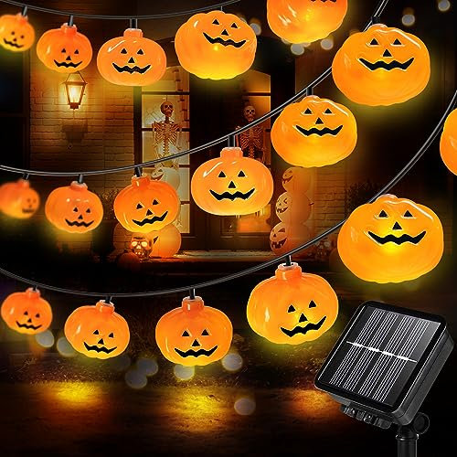KPCB Halloween Lichterkette Außen 11,9M 100 LED, Wasserdicht Solar Lichterkette Aussen 8 Modi, Halloween Kürbis Deko Outdoor für Garten, Tür, Fenster, Baum [2024 Solar Version]